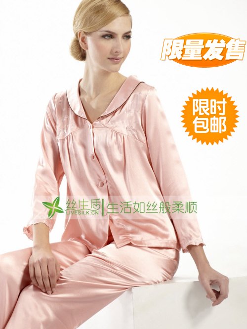 Silk sleepwear twinset female embroidered mulberry silk lounge long-sleeve sleepwear female silk