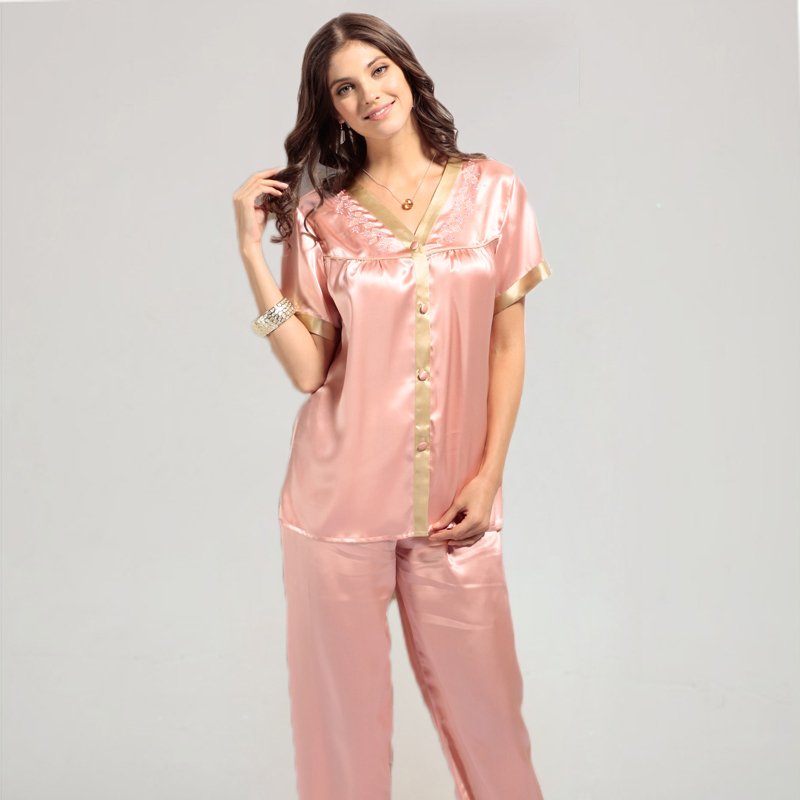 Silk sleepwear twinset female embroidered V-neck short-sleeve mulberry silk set lounge summer 2219