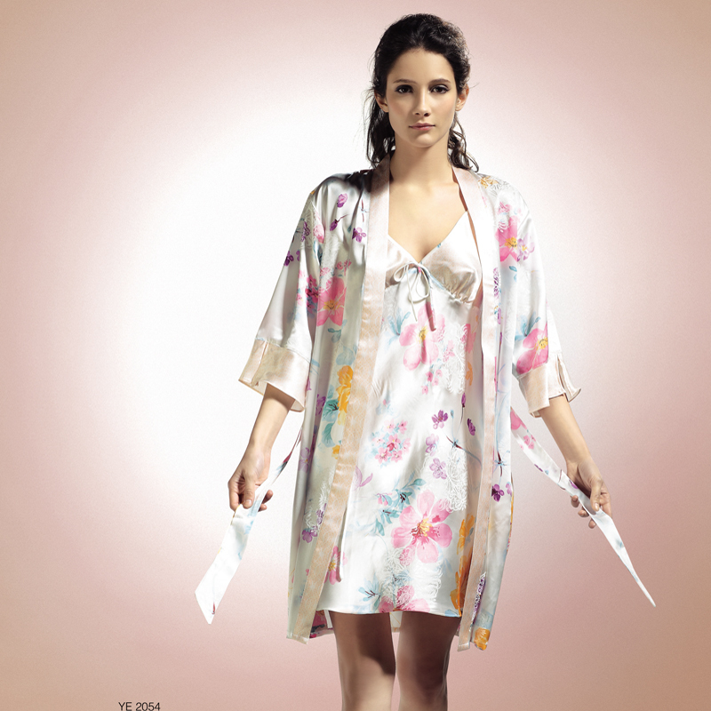 Silk spaghetti strap nightgown twinset female mulberry silk sleepwear sexy spaghetti strap robe