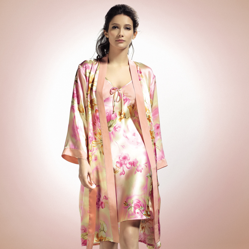 Silk spaghetti strap twinset sleepwear silk robe mulberry silk spaghetti strap robe nightgown silk sleepwear female