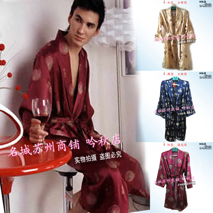 Silk women's sleepwear faux silk lovers bathrobe shawl collar male lounge set