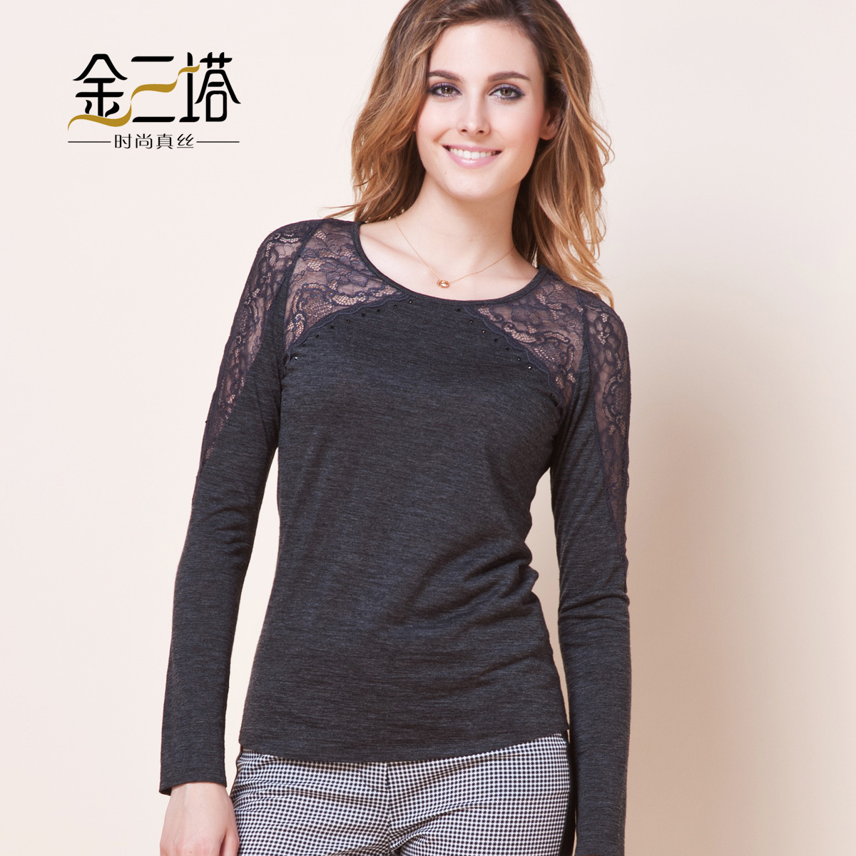 Silk wool women's low collar raglan sleeve o-neck T-shirt lace patchwork basic shirt