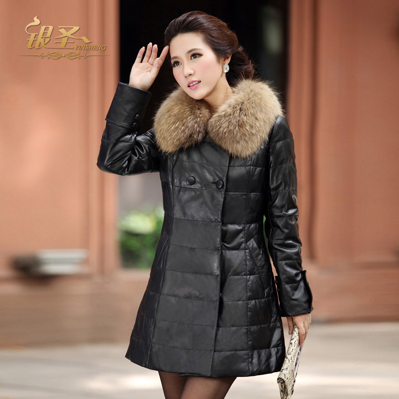 Silver 2012 genuine leather overcoat sheepskin medium-long down coat women's leather clothing