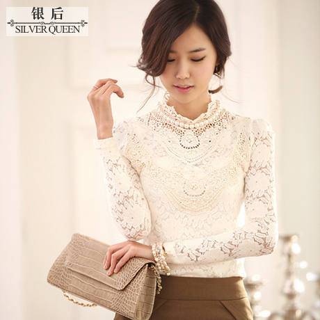 Silver after the spring 2013 romantic luxurious beading basic shirt lace top Free Shipping