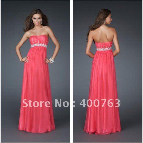 Simple A-line Strapless Beaded Waistband Chiffon Long Evening Dress by Designers