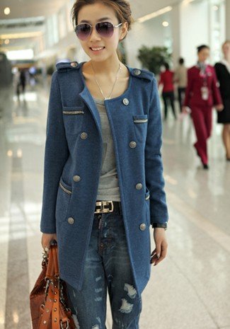 Simple Design Fashion Double Breasted Round Collar Pure Color Long Coat Free Shipping