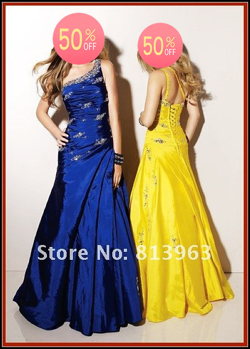 Simple  Designer Fashion Free Shipping Hot Sale 2013 One-Shoulder A-Line Floor Length Yellow And Blue Long Prom Evening Dresses