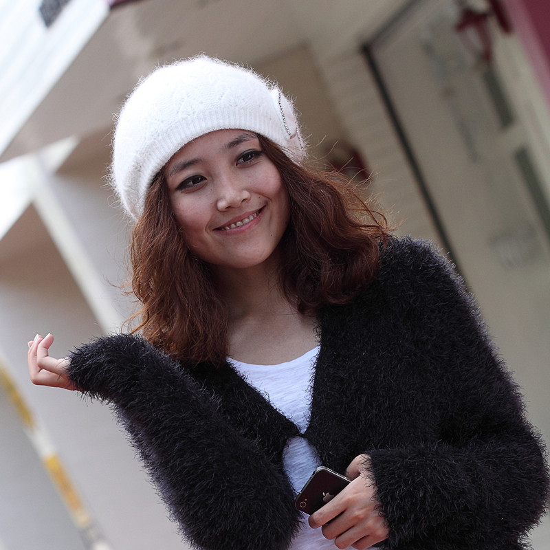Simple elegant intellectuality rabbit fur women's cap autumn and winter bow rhinestone handmade warm hat 2012