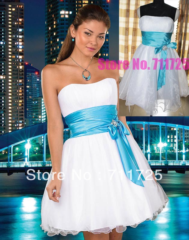 Simple Elegant Wholesale Discount Strapless Beads Blue Sash Big Bowknot A-Line Ruffles Flouncing White Satin Organza Prom Dress