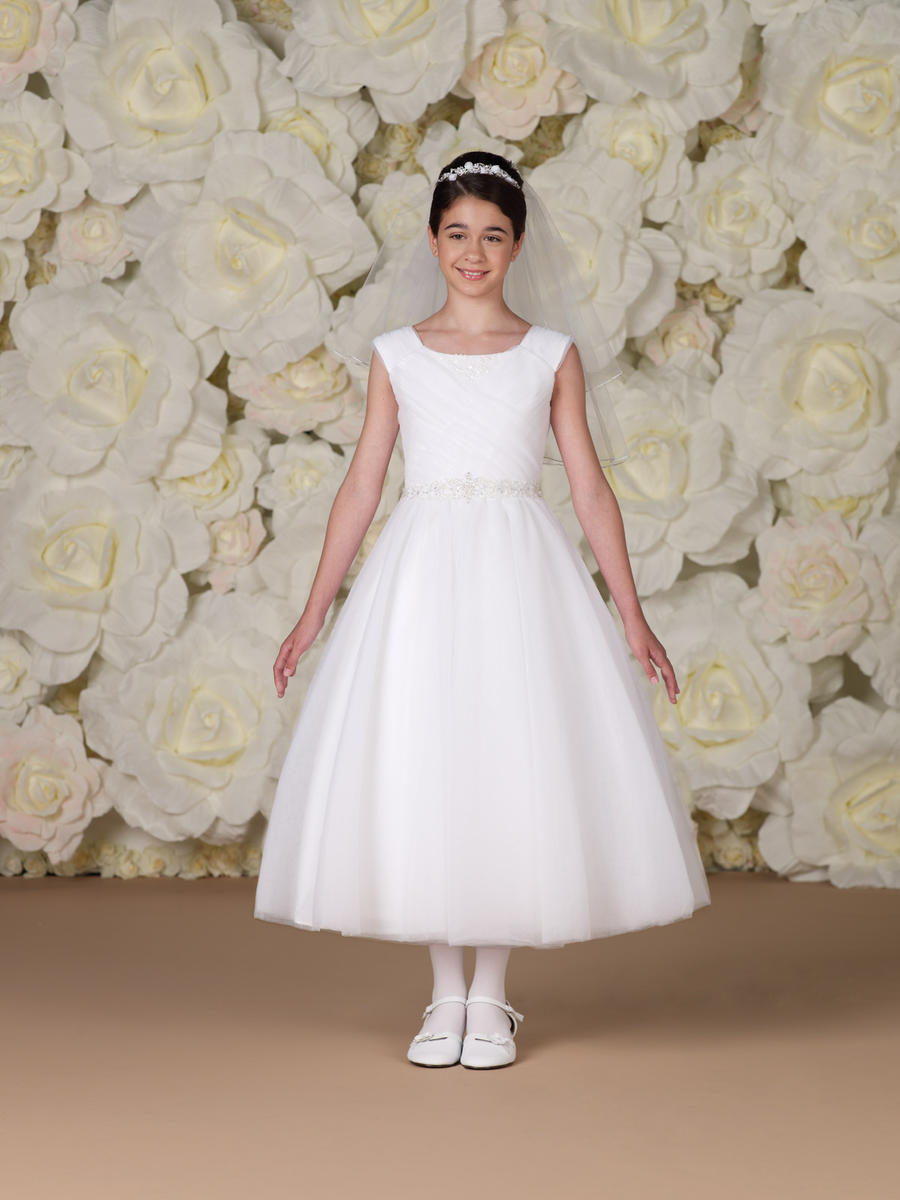 Simple style scoop ruffle a-line sash a-line ankle length elegant white beautiful flower girl dresses charming sleeveless