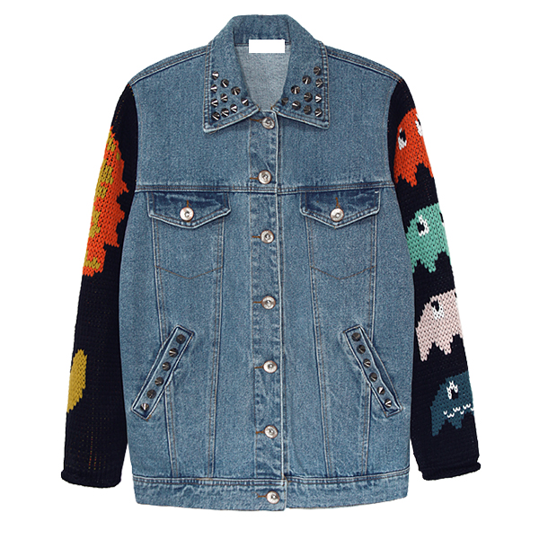 Single colorant match knitted sweater fight sleeve rivet vintage denim jacket outerwear trench sty