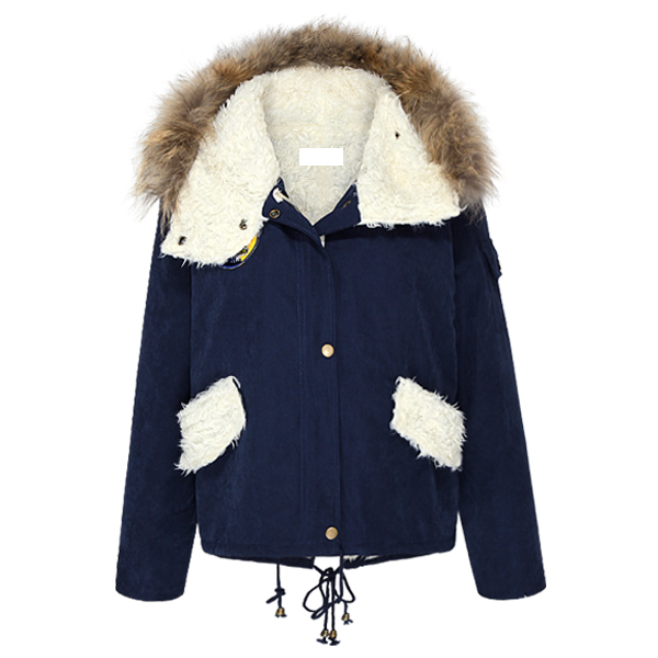 Single fur collar hooded medal m word flag applique print retro finishing berber fleece wadded jacket cotton-padded jacket