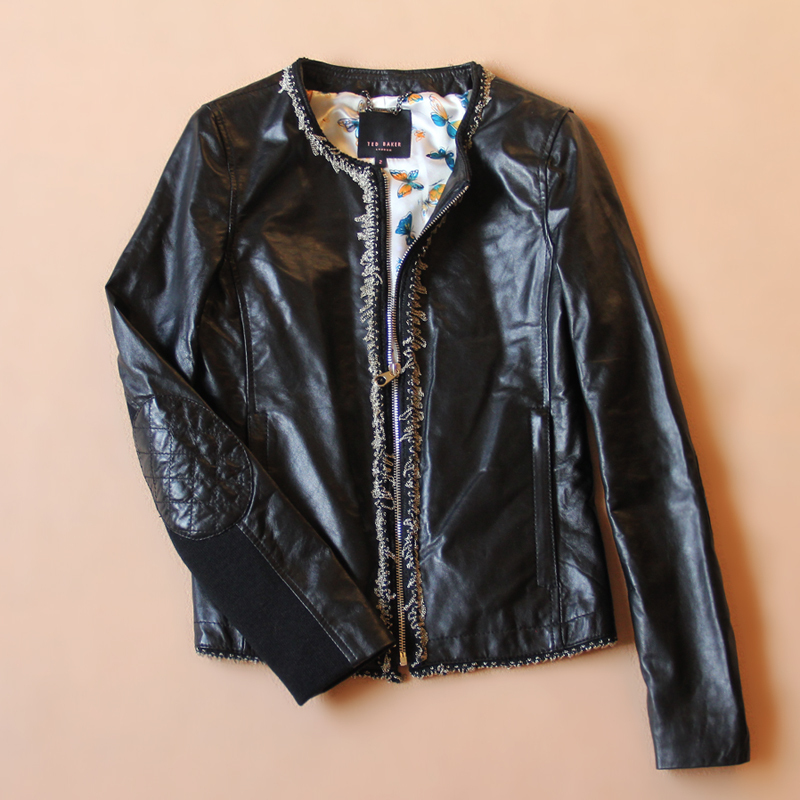 Single gold tassel chain beautiful royal wind o-neck suede genuine leather female leather clothing coat