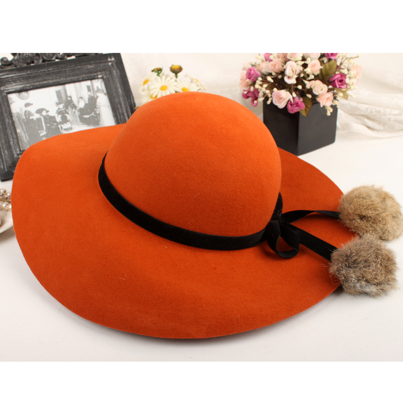 Single high quality wool large brim woolen fedoras elegant casual wool large brimmed hat rabbit fur ball hat female