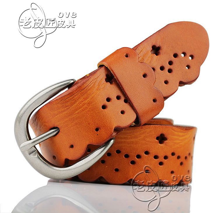 Single laciness genuine leather belt vintage print cutout first layer of cowhide wide strap women's strap