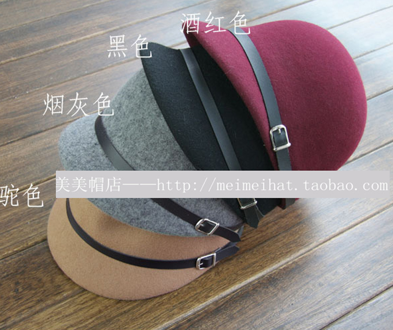 Single leather buckle on selvedge woolen knight cap decoration fedoras dome equestrian cap autumn and winter women's female hat