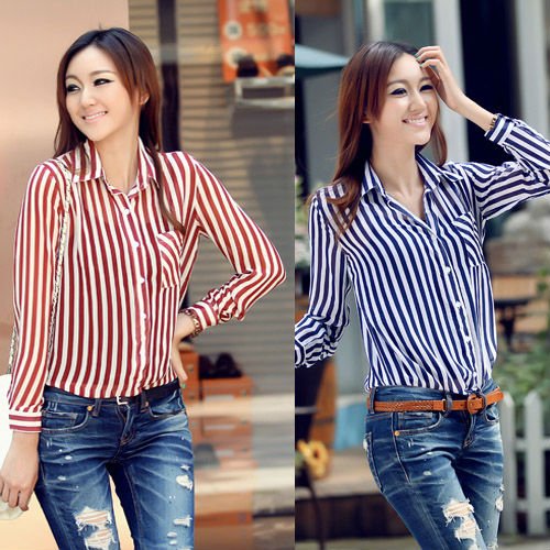 Single pocket vertical stripe chiffon long-sleeved shirt 3547