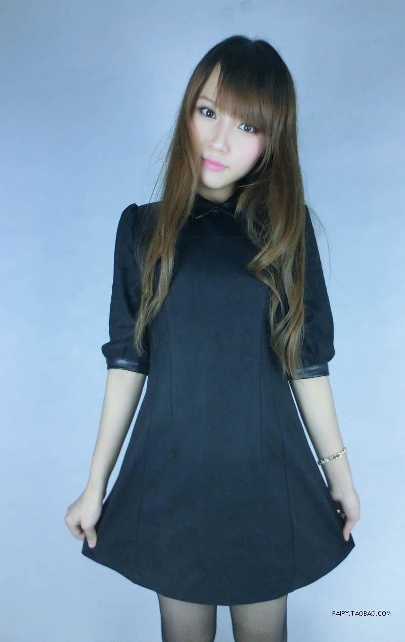 Single slim woolen bubble leather fur collar three quarter sleeve one-piece dress
