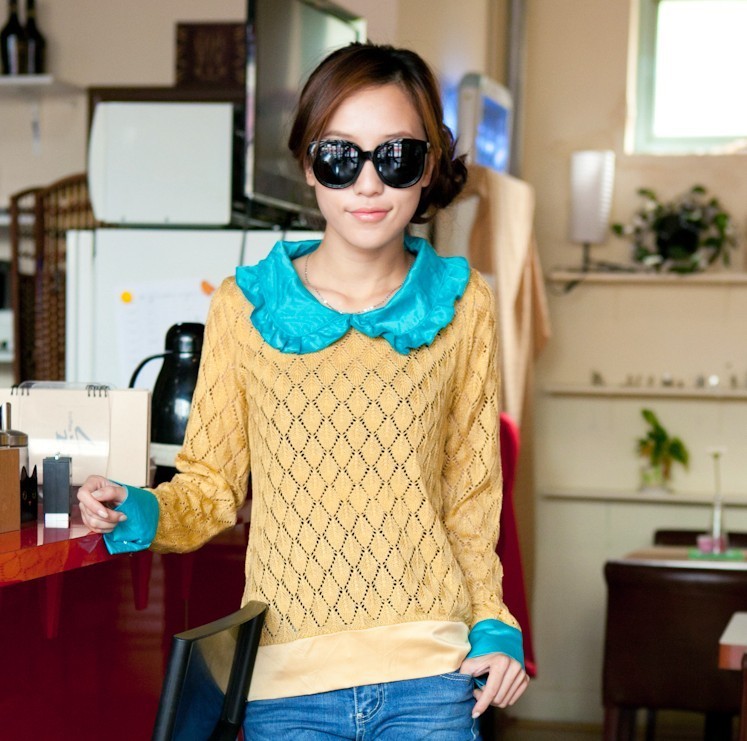 Sisouhor color block decoration knitted mercerized cotton crochet ruffle long-sleeve sweater - 20762 free shipping