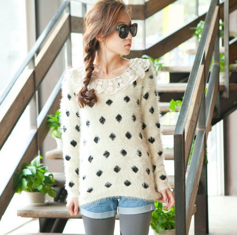 Sisouhor embroidered dot long rabbit fur lace collar pullover sweater - 20766 free shipping