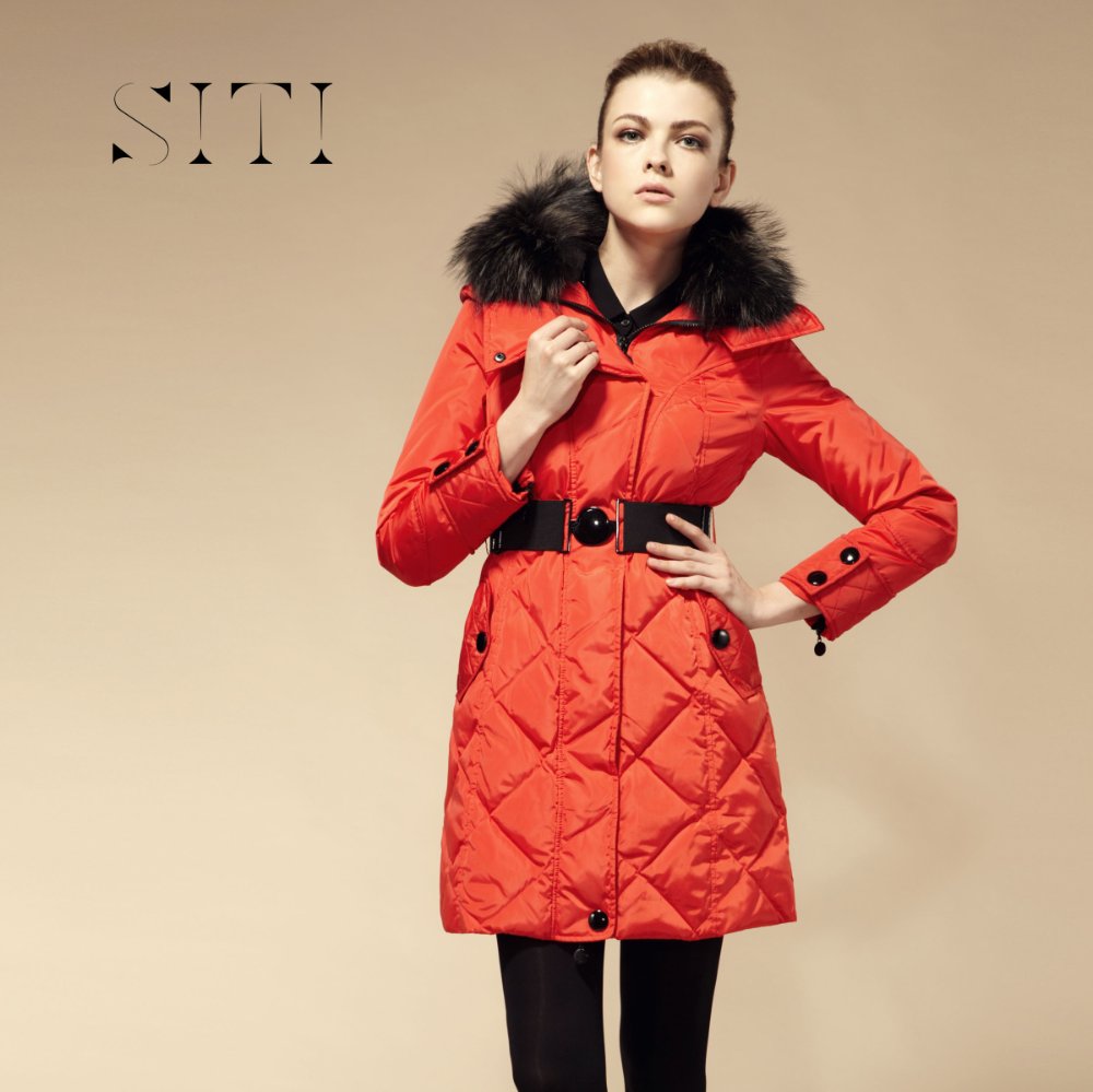 SITI Free Shipping 2012 New Arrivals Women Long Thick Slim Raccoon Fur Collar High Quality Down Jacket Coat  Red Black Yellow