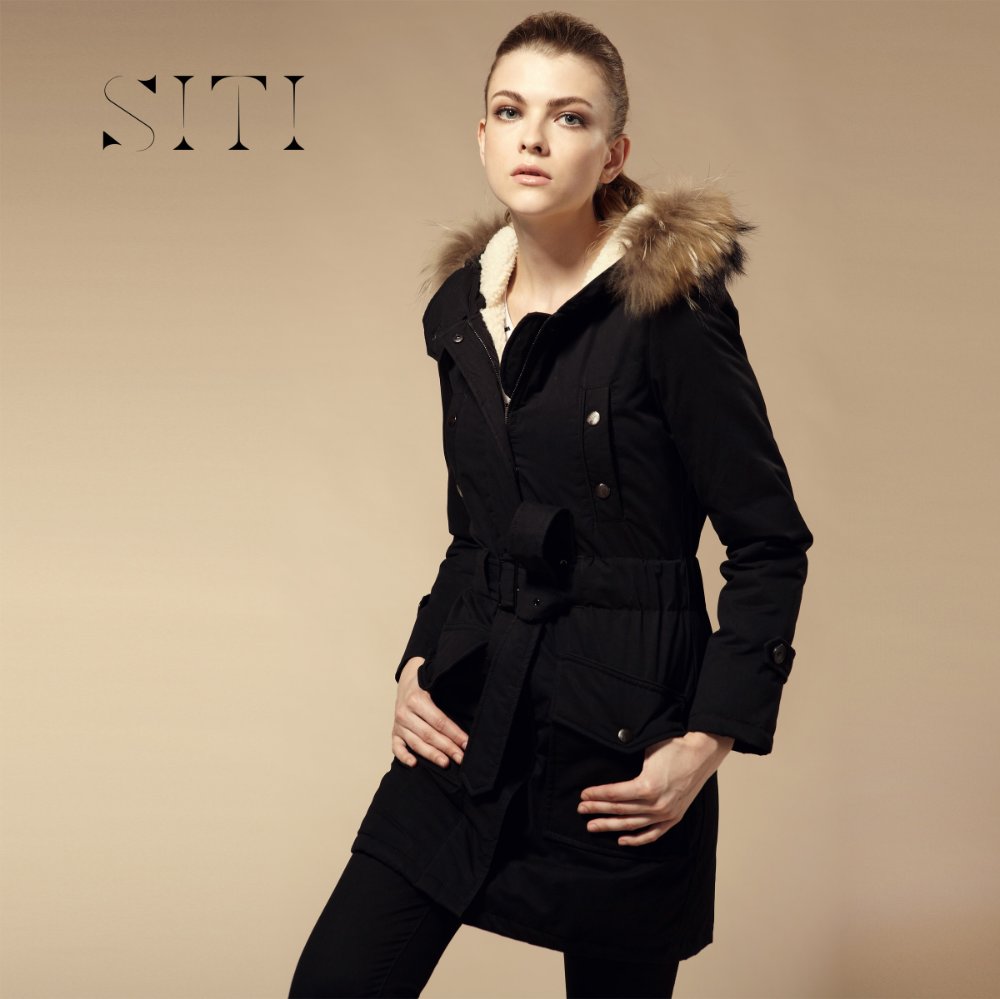 SITI Free Shipping 2012 New Arrivals Women Racoon Lambs Collar Belt  Down Jacket Coat Black  Camel High Quality