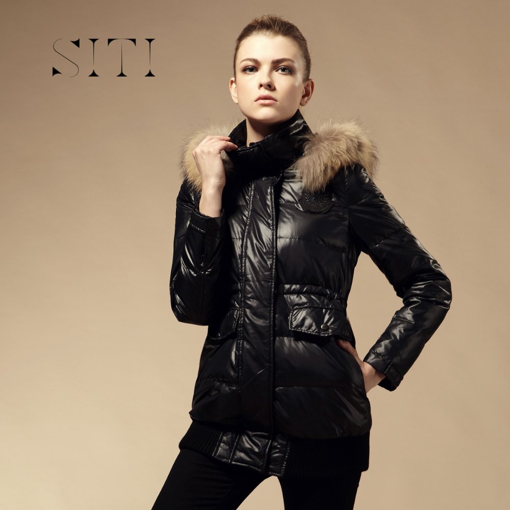 SITI Free Shipping 2012 New Arrivals Women Thick Slim High Quality Down Jacket Coat Raccoon Hooded Black Army Green Ochre