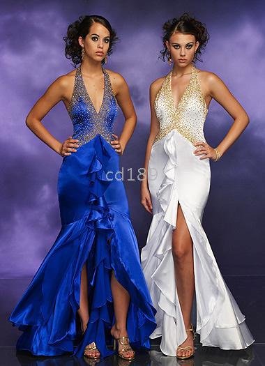 size Any color Sexy halter pleats beading slit layered train Formal Gowns Any