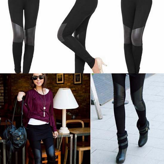 Size Free Imitation Leather Split Black Leggings Pants Tight Skinny Stretchy NEW