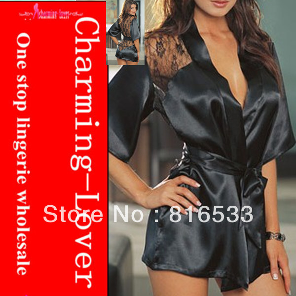 Size M XXL lady sensual Robe lingerie Half sleeves robe dress for adult with lace back and belt tie sexy sleeping lingerie cheap