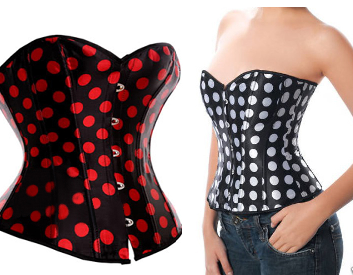 Size S~2XL Women's Vintage Polka Dots Lace Up Sexy Boned Overust Corset Bustier Top