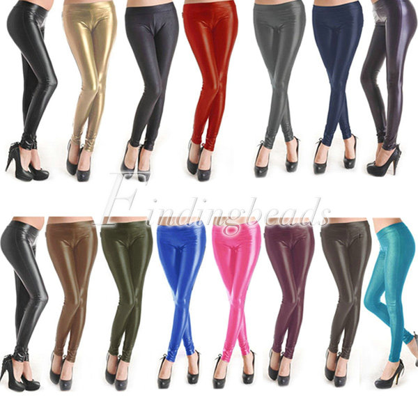 Skinny Faux PU Leather Sexy Women Shiny Stretch Low Waist Tights Leggings LE16