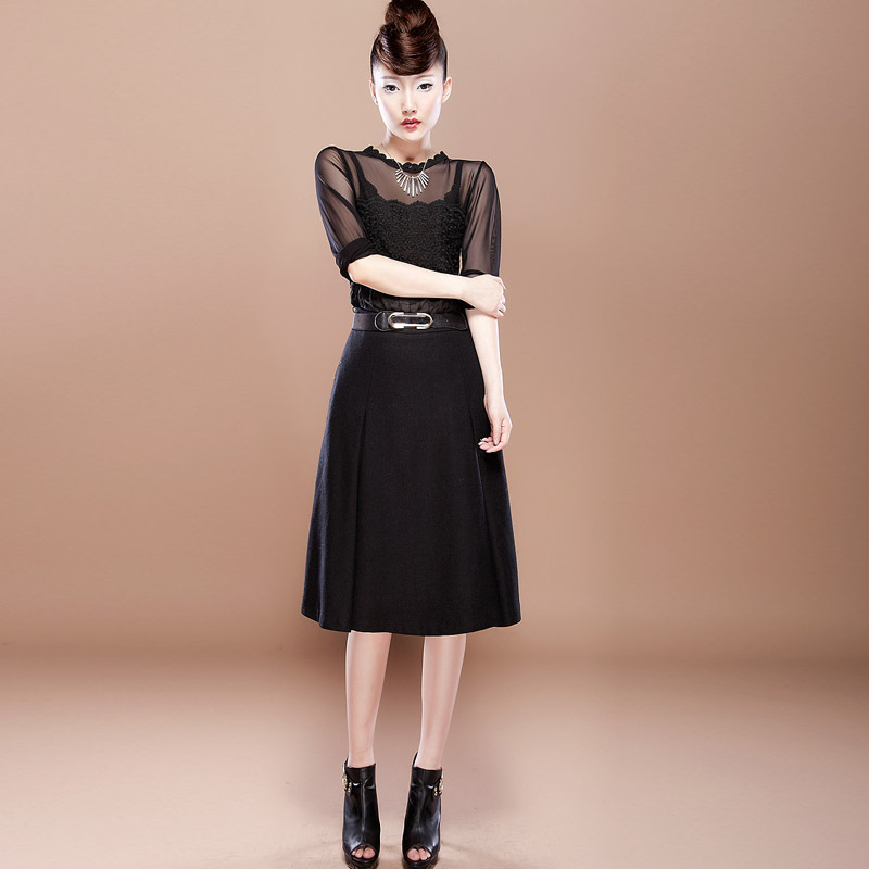 Skirt 2013 new and winter women all-match dresses elegant solid color fashion medium skirt qz140 Leather freeshipping