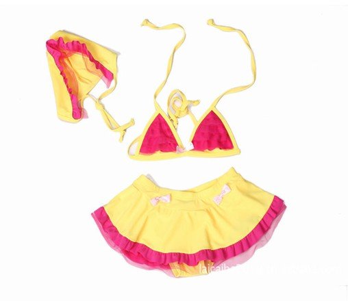Skirt bikini children swimwear + swim cap Golden yellow fabric + Rose Red Net yarn embellishment +3 pink little bow