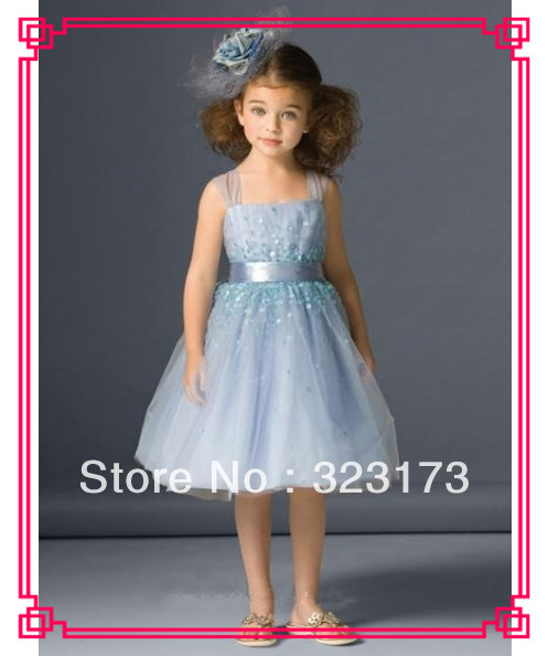 Sky Blue Ball Gown Spaghetti Strap Square Belt Sequin Knee Length Little Girl Pageant Dresses Free Shipping