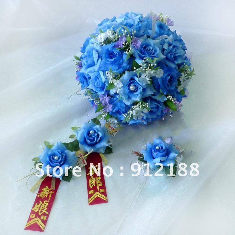 Sky blue wedding bouquet with matched corsages,25cm bridal flowers ON SALE