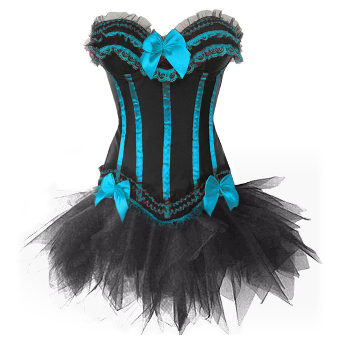 Sky blue with black stripe satin boned lace up  Burlesque dancewear  corset bustier+TUTU Skirt   S-2XL