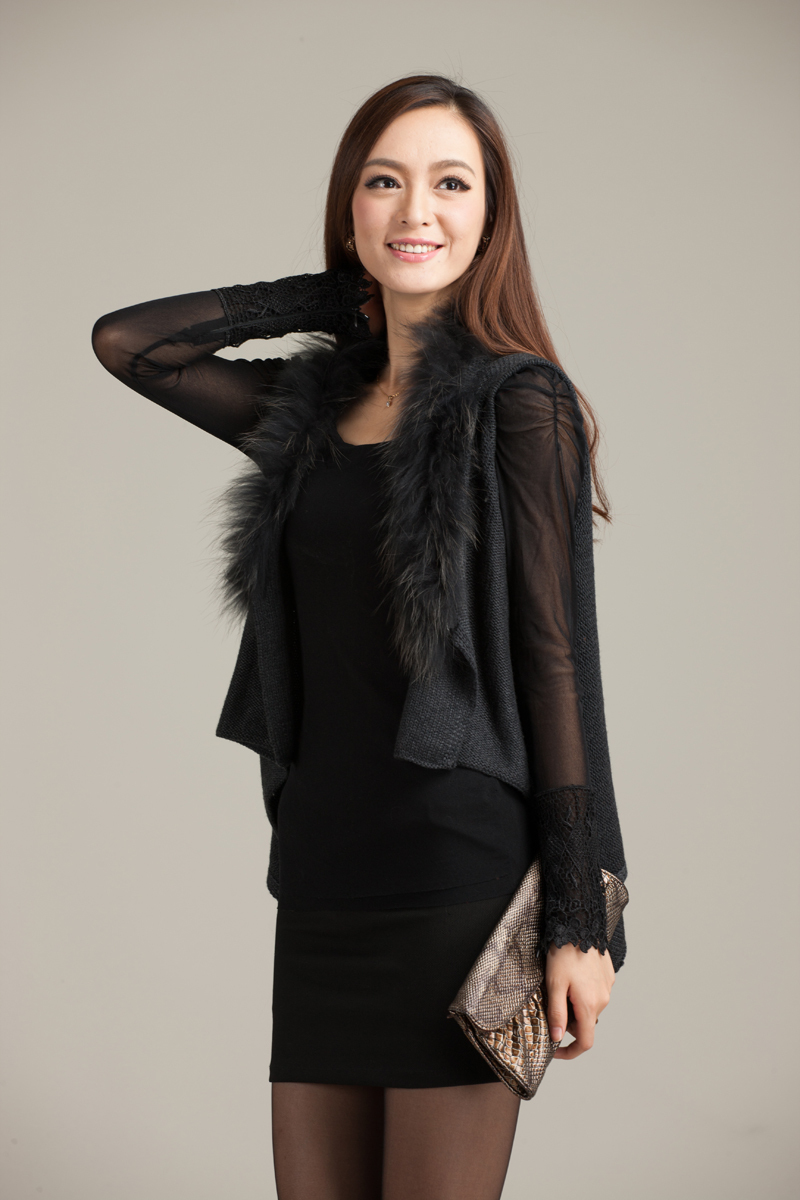 SLAE 2012 autumn women's fur collar short design knitted sweater cardigan vest outerwear free shipping