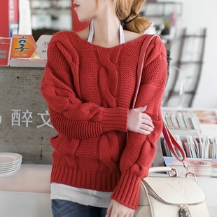 SLAE 2012 female V-neck twisted vintage loose thickening sweater outerwear free shipping