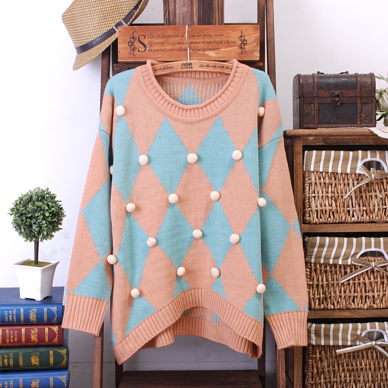 SLAE 2012 vintage color block stripe rhombus sphere loose plus size sweater pullover sweater free shipping