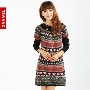 SLAE 2012 women's knitting plus size loose long design vintage stripe sweater o-neck sweater outerwear female free shipping
