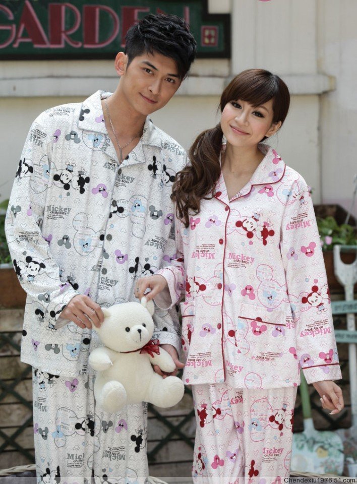 Sleep set lovers t-shirt cotton 100% cotton long-sleeve twinset sleepwear cartoon shirt style front button spring and autumn