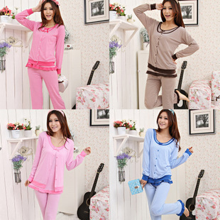 Sleepwear female knitted 100% cotton long-sleeve spring and summer autumn stripe piece set women's lounge set