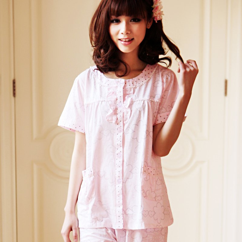 Sleepwear female romantic florid 100% cotton summer short-sleeve women's lounge set