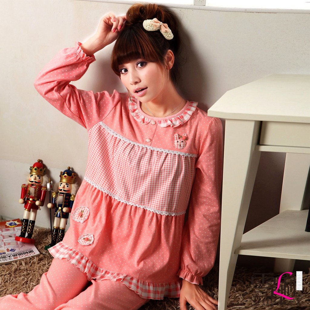 Sleepwear lounge women's spring and autumn summer knitted cotton long-sleeve polka dot sleep set jasmonic princess