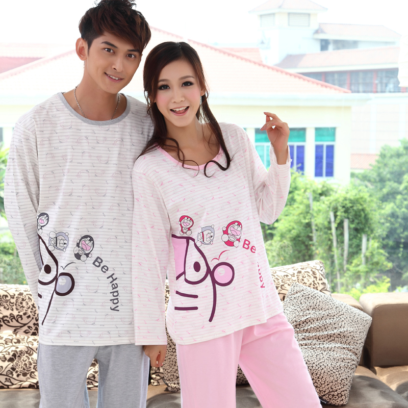 Sleepwear male Women lovers autumn knitted cotton lovers sleepwear cartoon DORAEMON sleepwear lounge 8335