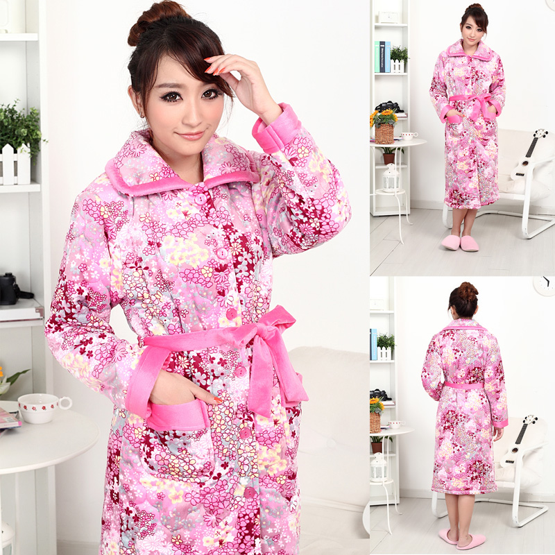 Sleepwear robe women's cotton-padded winter thickening sexy long design sleepwear pink robe