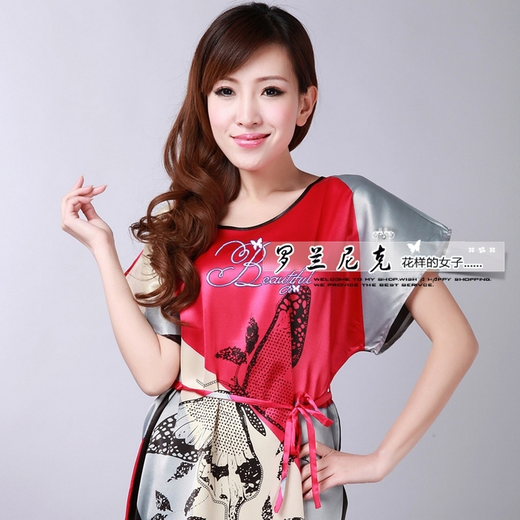 Sleepwear rose color block silk sleepwear at home have belt slim