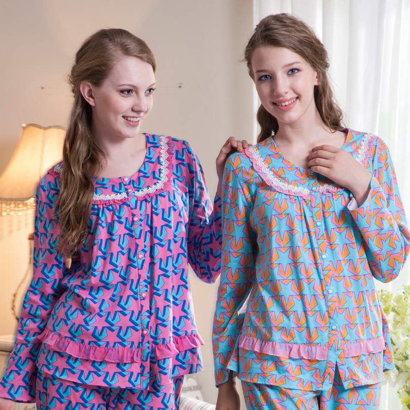 Sleepwear  spring elegant women's 100% knitted cotton long sleeve length pants sleepwear lounge set