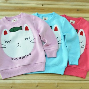 Sleepy Cat and Fish Long Sleeves Shirts Tees Tops  For Baby Kids Girls And Boys  Wholesale 1 Pack 4 Pieces